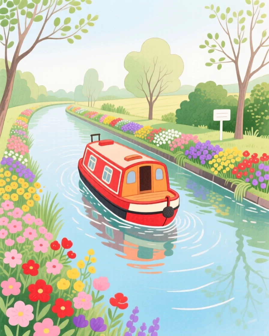 A canal boat drifting past flower-lined banks, peaceful and full of gentle motion.