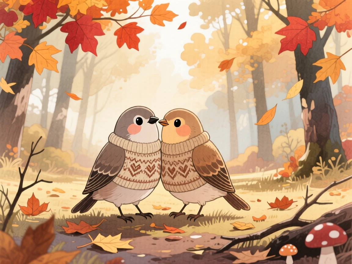 A pair of lovebirds wearing a tiny knitted sweater on a crisp autumn day, set in a quiet forest clearing dappled with sunlight, filled with wide-eyed wonder.