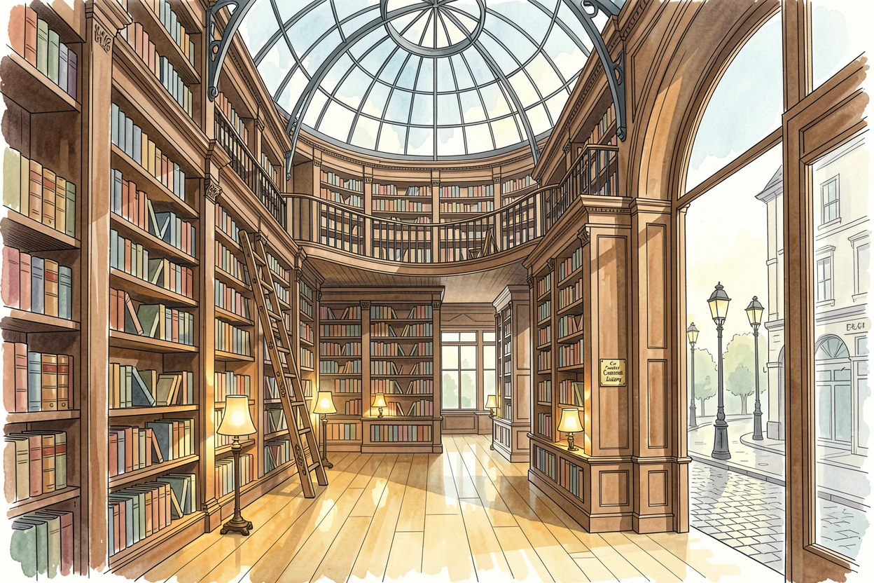 A grand old library with soaring shelves and a domed glass ceiling, the streets quiet in the soft light of early morning.