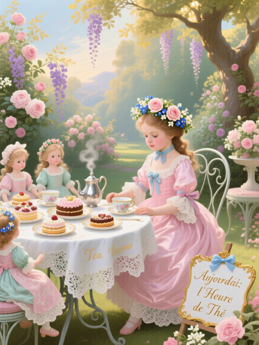 A child’s tea party in a garden with dolls, cakes, and flower crowns  