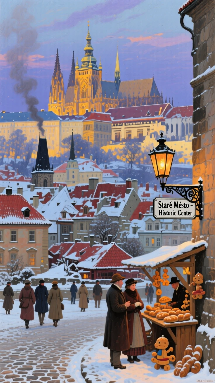 A snow-dusted Prague skyline with its historic castle glowing at twilight, with locals and travelers adding life and scale to the scene, radiating the unique charm and grandeur of world architecture