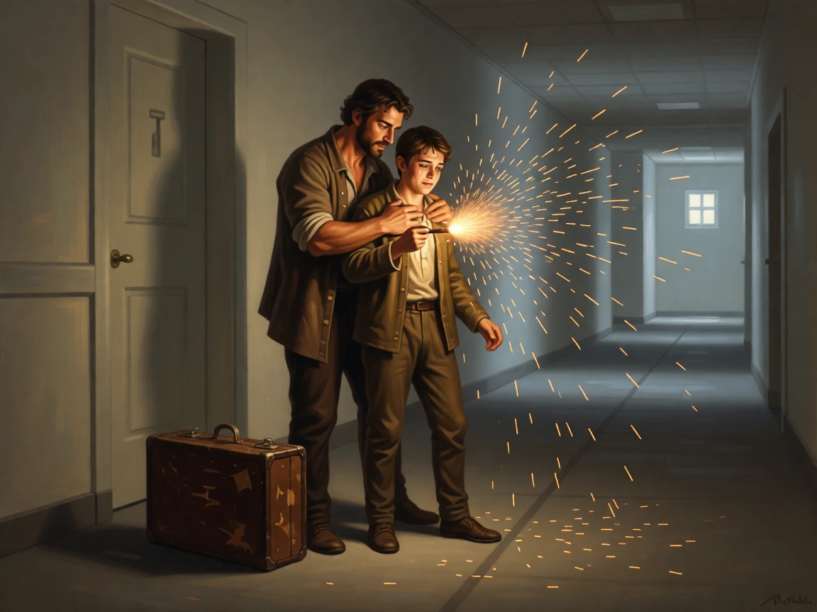 A blacksmith shielding his apprentice from a shower of sparks as tears and gratitude mix in equal measure, set in a dimly lit hospital ward at the edge of dawn, with worn traveling clothes and a battered suitcase telling their own story; converging paths in the background lead directly to the embracing pair, overflowing with tenderness, relief, and quiet triumph.