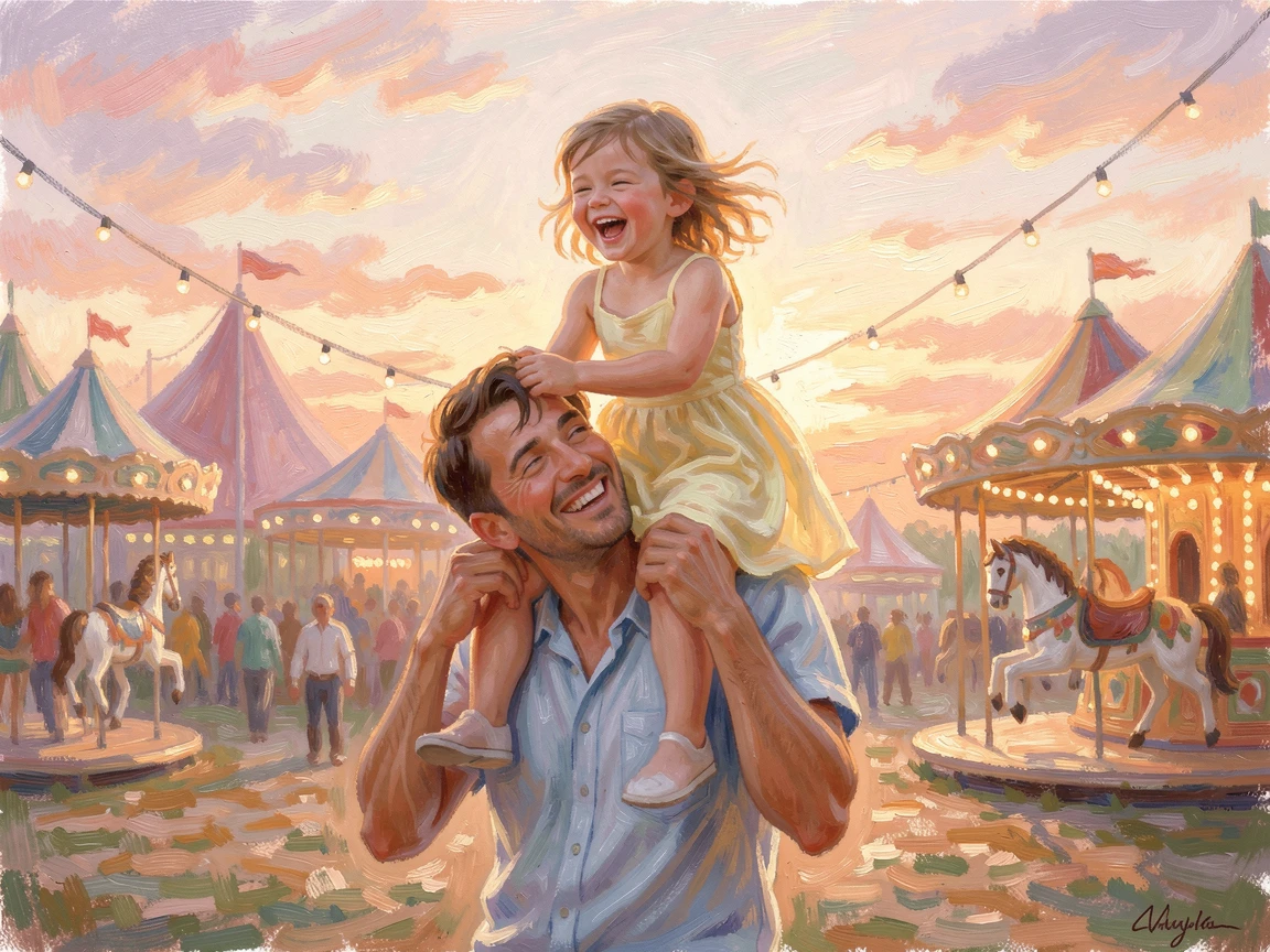 A father lifting his laughing daughter onto his shoulders at a sunlit carnival, under a glowing sunset sky, filled with a cozy, comforting atmosphere.