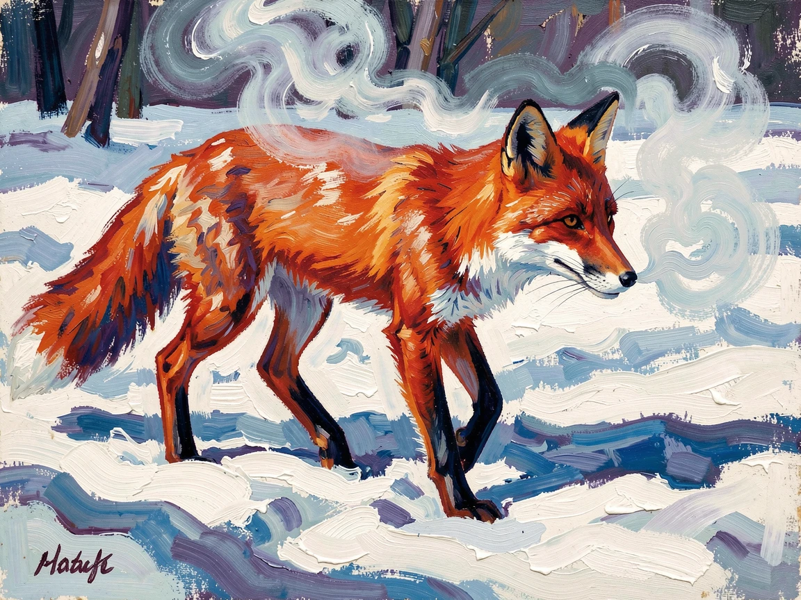 A red fox trotting through freshly fallen snow, breath visible in the cold air.
