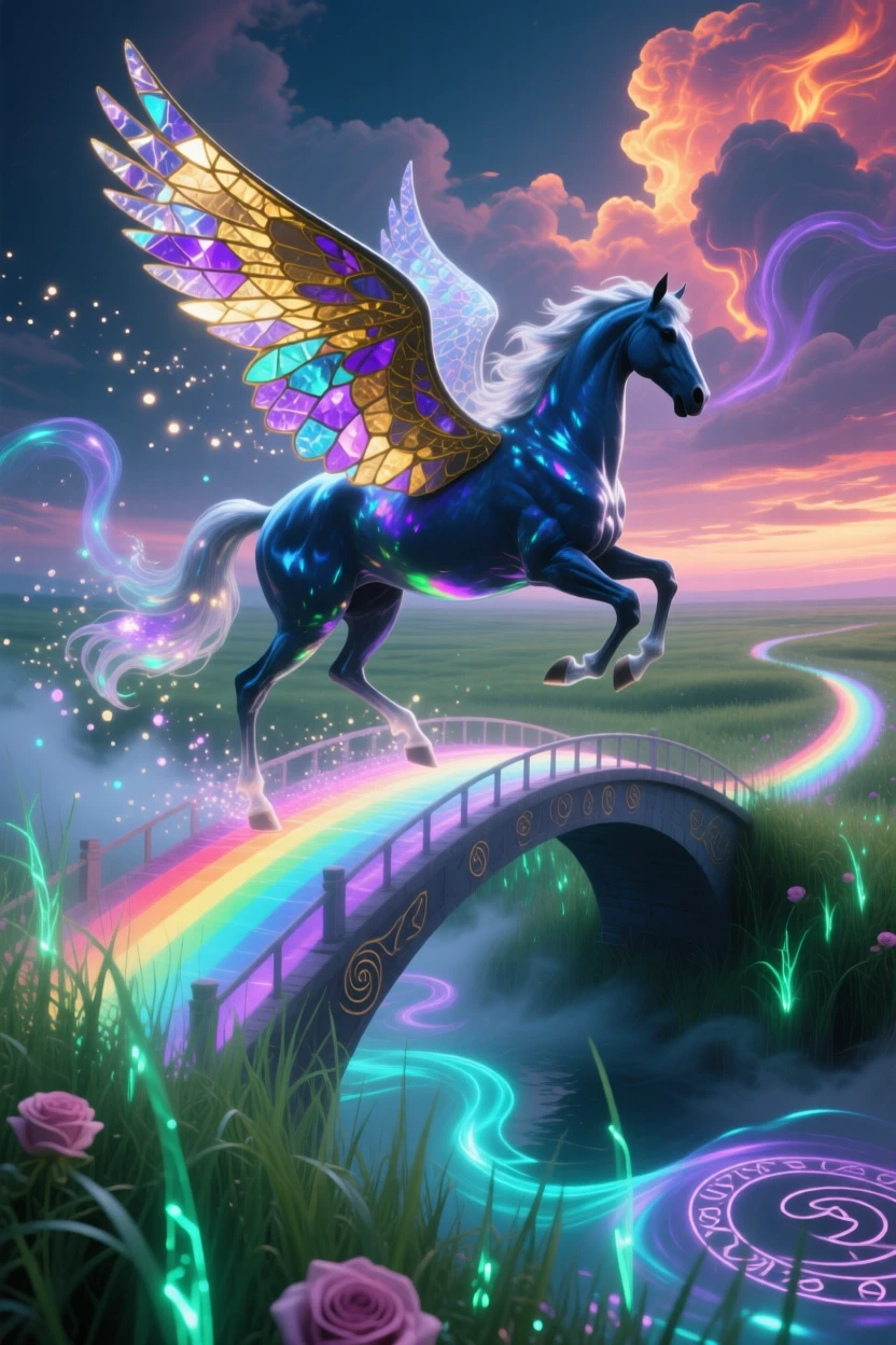 A winged horse galloping across a bridge of solid rainbow light moves gracefully through a field of tall glowing grass, while the surrounding air shimmers faintly with old magic.