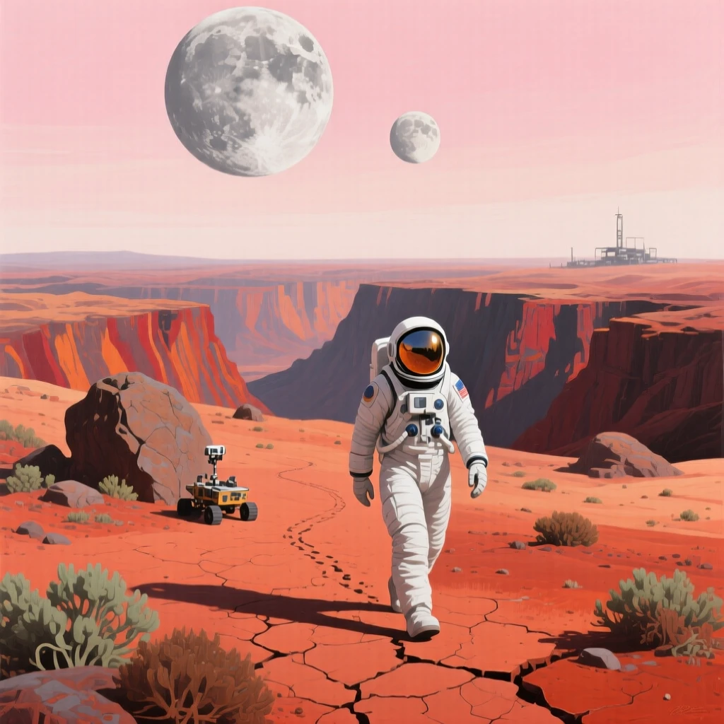 An astronaut walks across the rust-colored surface of Mars, twin moons visible in the pale pink sky above a distant canyon, the scale of the scene emphasized by tiny details that suggest an entire hidden world beyond the frame.