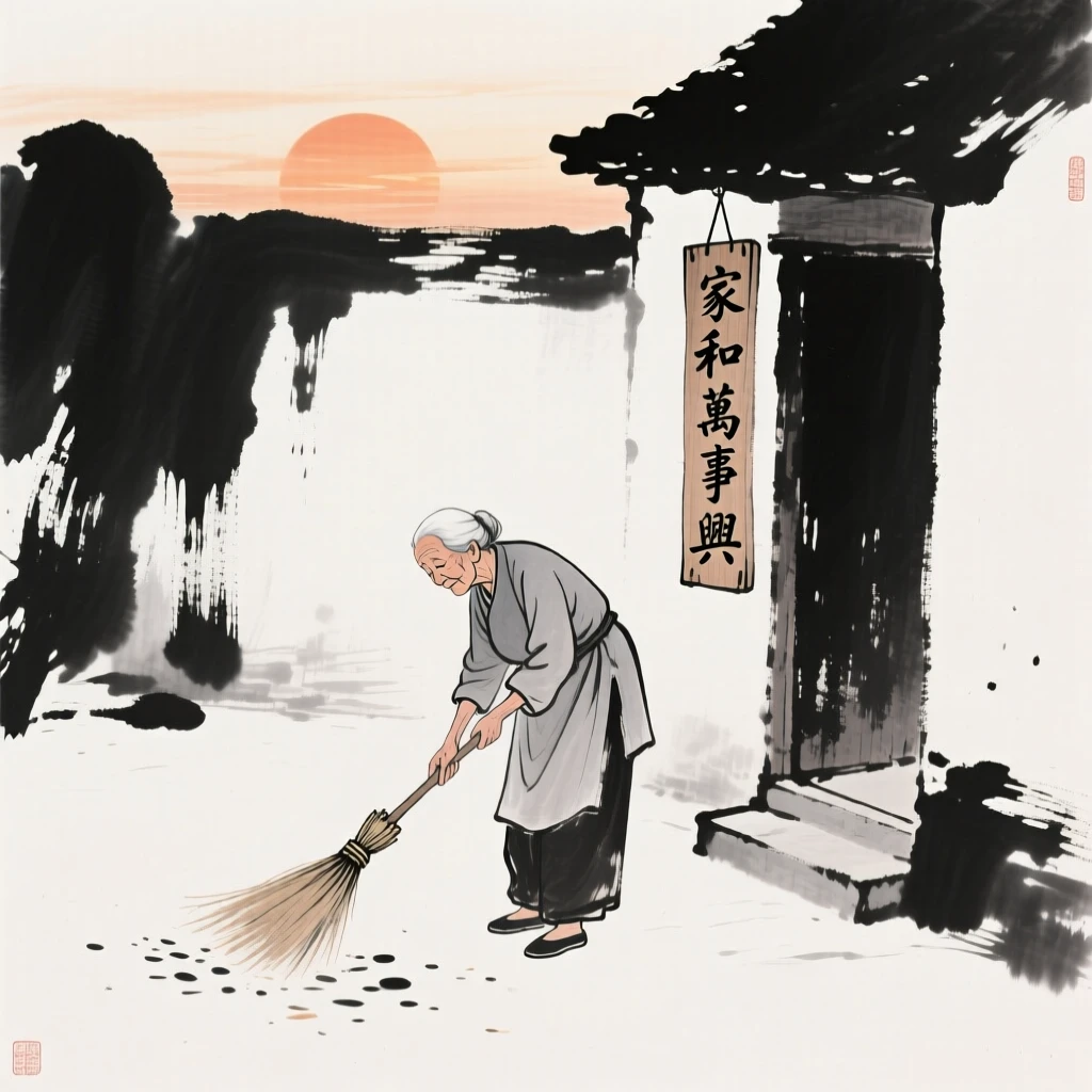 An old woman sweeps the courtyard in front of her home at dawn, beneath the warm light of a setting sun.