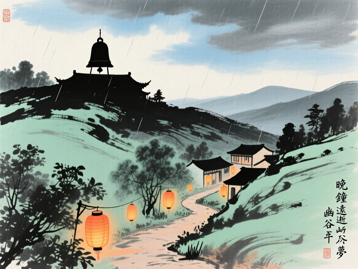 A distant temple bell fading into silence over a sleeping valley, as lanterns are lit for the evening, under clearing skies after a storm, in the height of summer.