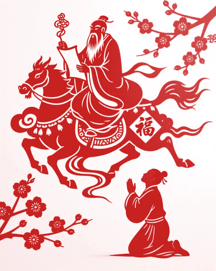 A cloud-riding sage, granting a wish to a kneeling villager, while cherry blossoms swirl in the sacred wind.