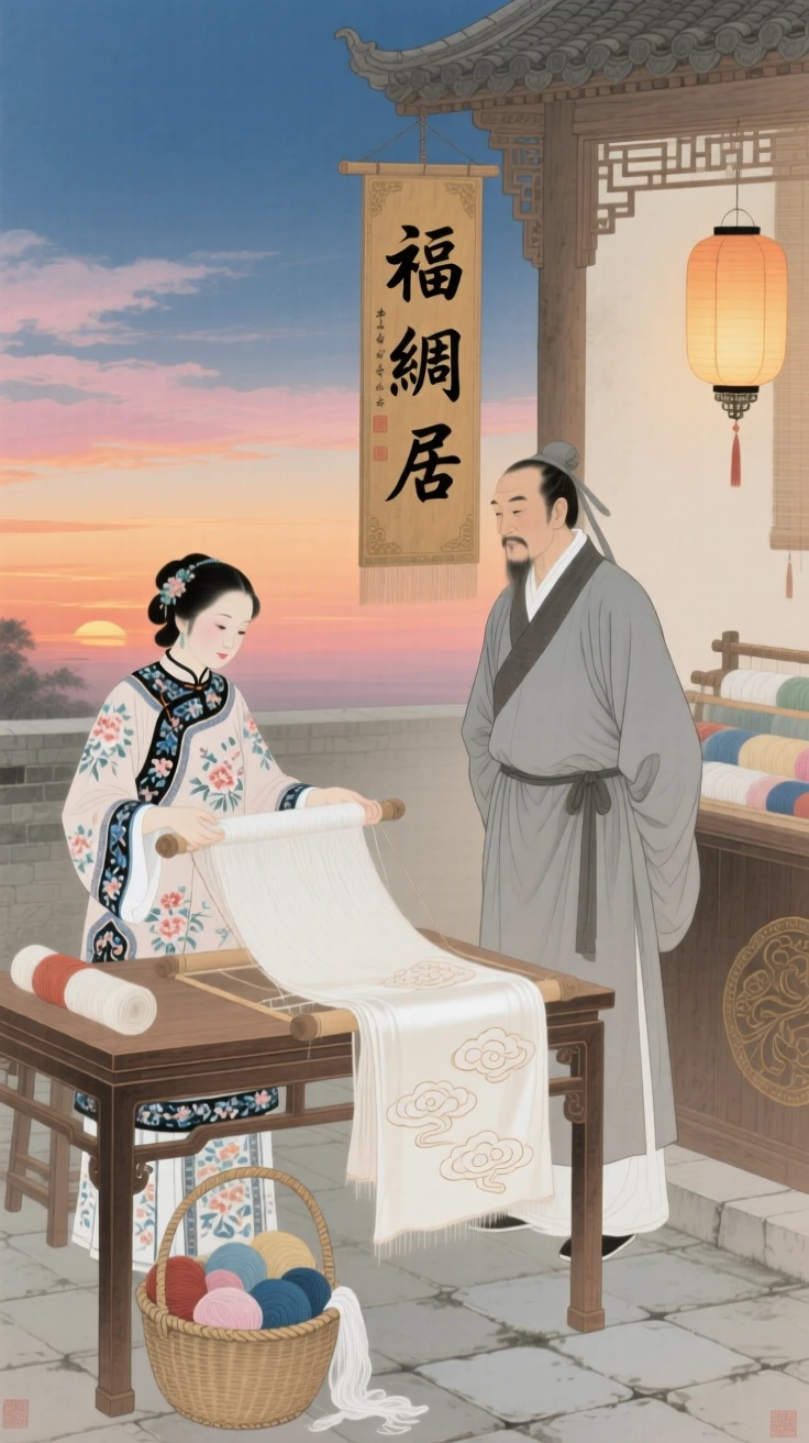 A silk weaver presenting a finished bolt of cloth to a merchant, as the last light of day fades over the horizon
