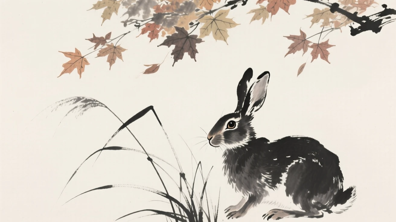 A hare watching quietly from behind a stand of reeds beneath a canopy of autumn leaves, captured in profile against a soft, empty background, carrying a sense of quiet dignity and wildness.