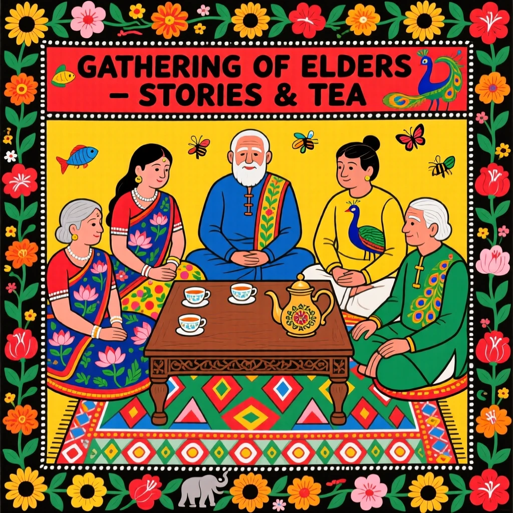A gathering of elders sharing tea and stories around a low table.
