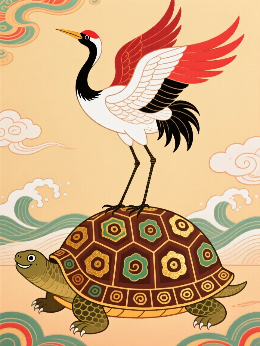 A crane standing gracefully atop a tortoise shell, representing wisdom and long life.
