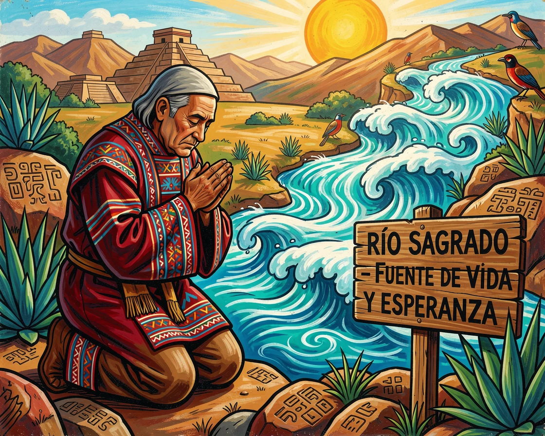 A monk offering prayers beside a flowing sacred river