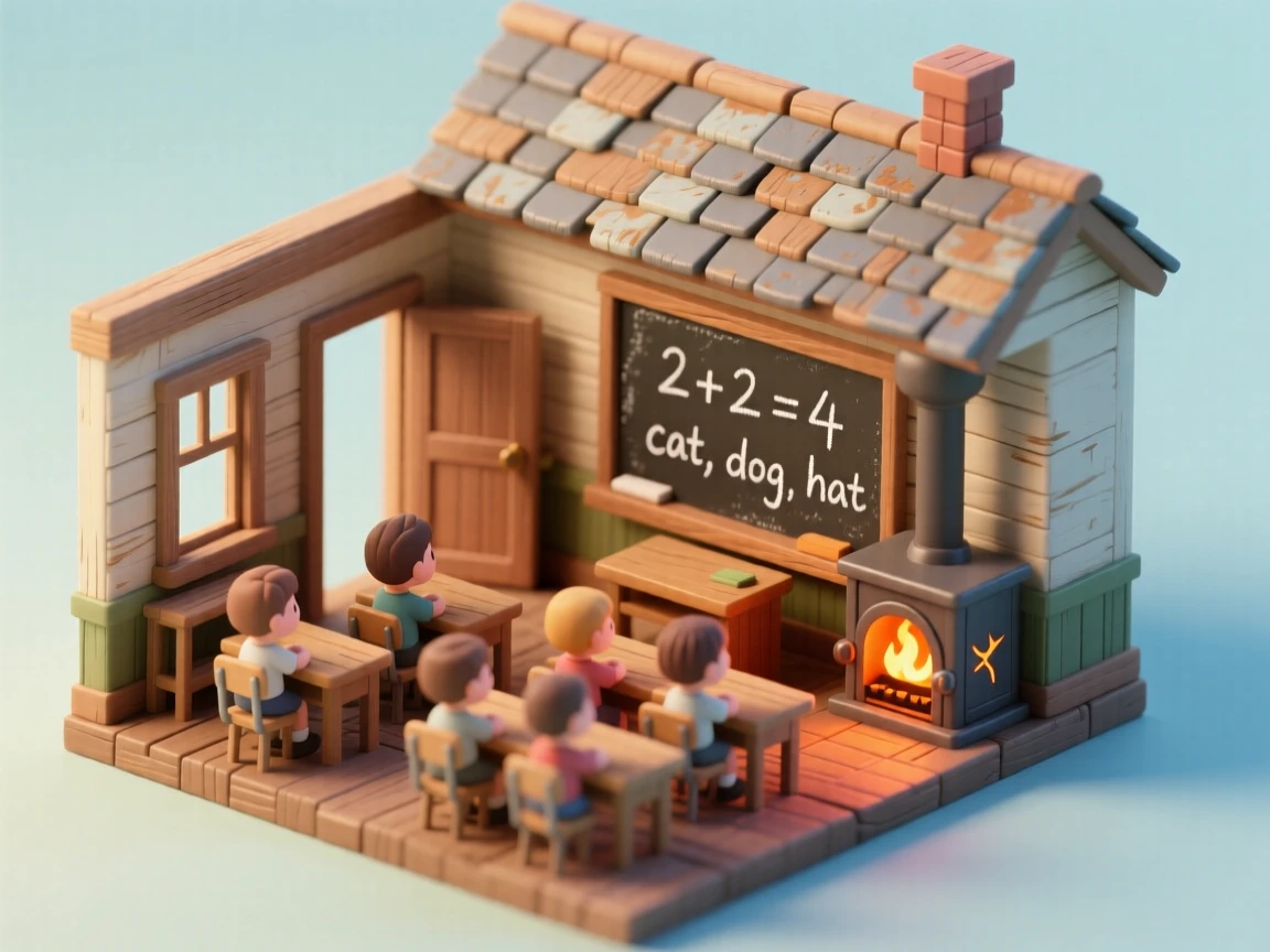 A quaint one-room schoolhouse with a wood stove crackling, children seated at old wooden desks, and a chalkboard covered in lessons.