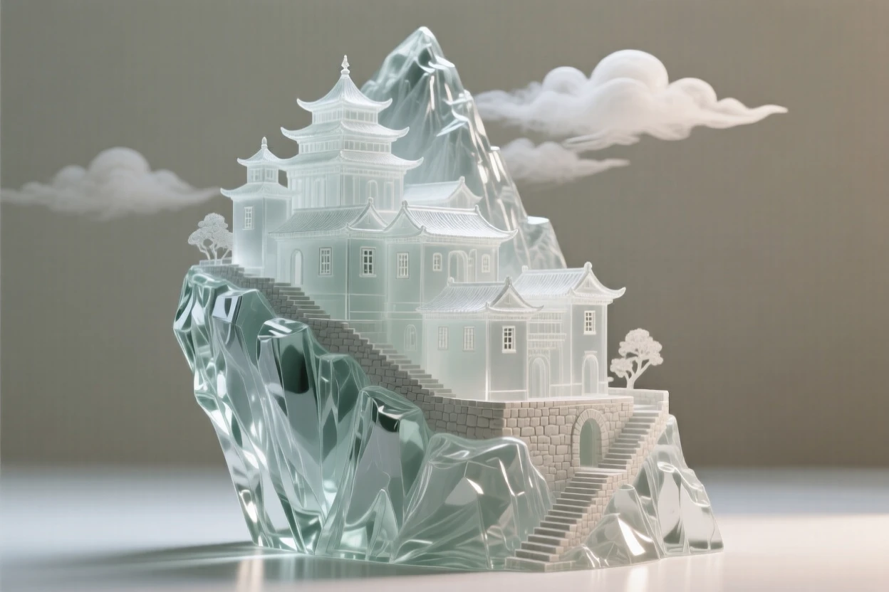 A mountain monastery clinging to the side of a steep cliff, beneath a sky filled with soft, drifting clouds