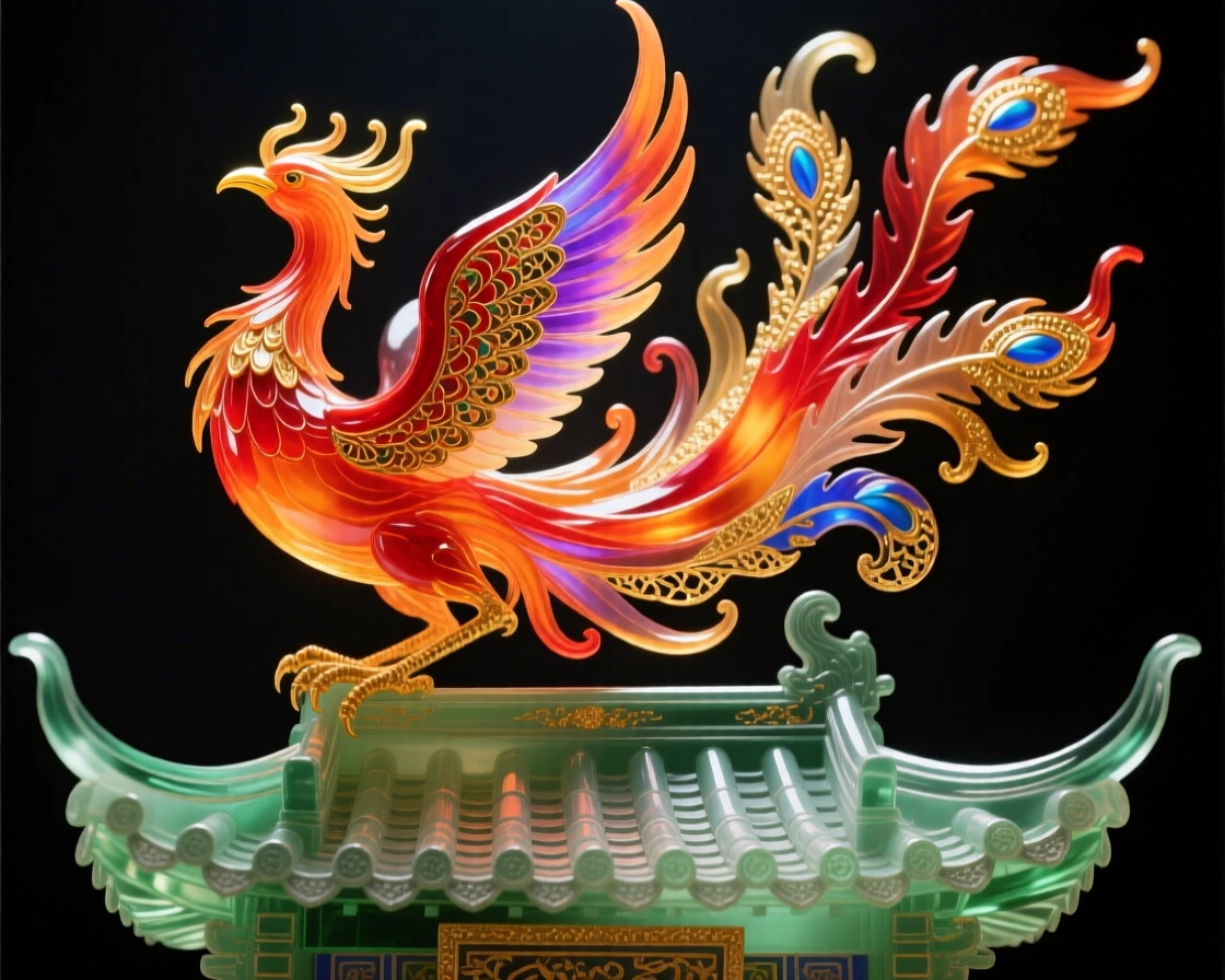 A phoenix rising motif from Chinese folklore glowing above a temple roofline, symbolic and radiant.