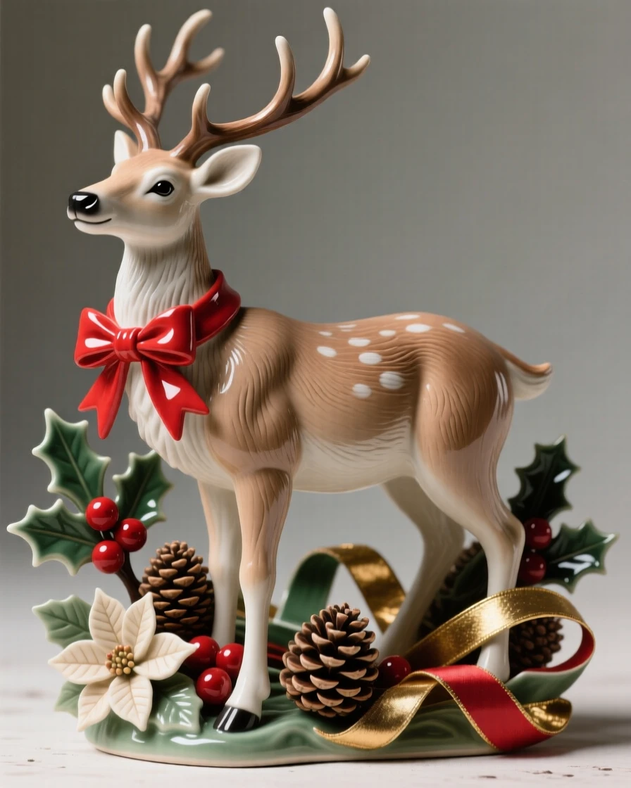 A reindeer with a bright red ribbon around its neck arranged among traditional seasonal motifs, wrapped in ribbons and festive trimmings, stirring cozy nostalgia for cherished traditions.