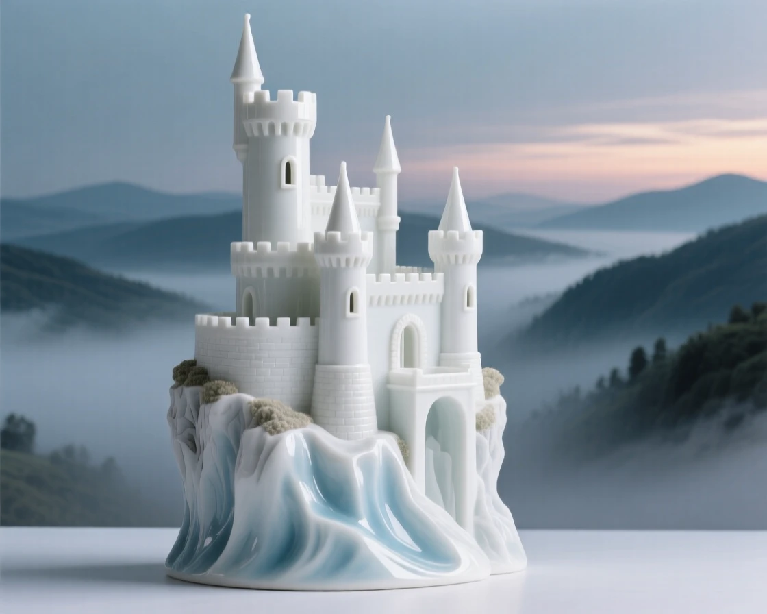 A cliffside castle rising above a misty valley, its towers catching the last light of day.