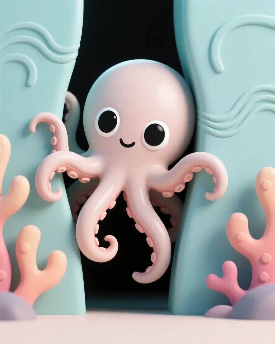 A curious octopus squeezes through a narrow gap between two coral formations, skin rippling with shifting patterns.