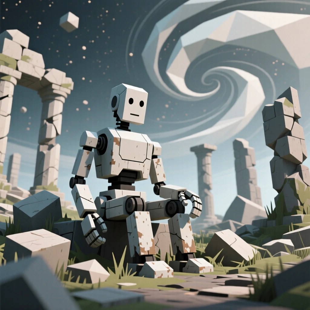 A time-worn robot sitting quietly among overgrown ruins, surrounded by swirling cosmic dust. the composition uses a wide, immersive perspective. The scene radiates a calm, meditative stillness.