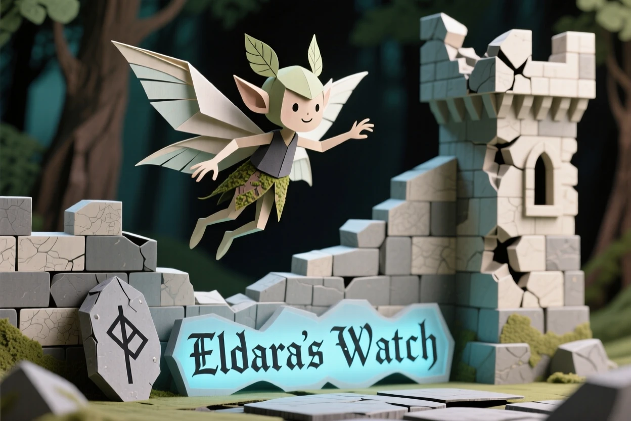A mischievous forest sprite soaring above a crumbling ancient castle, with ancient runes glowing faintly nearby, capturing epic scale and wonder.