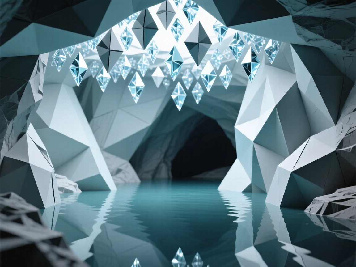 A hidden cave where an underground lake reflects a ceiling covered in glowing crystals.
