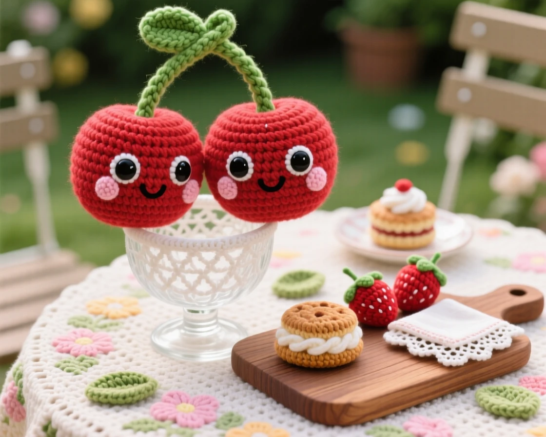 A delightful still-life of a round cherry character duo connected by a curled stem, perched playfully on the rim of a glass within a garden patio set for afternoon tea; a rustic wooden serving board nearby, full of a cozy sense of shared treats.