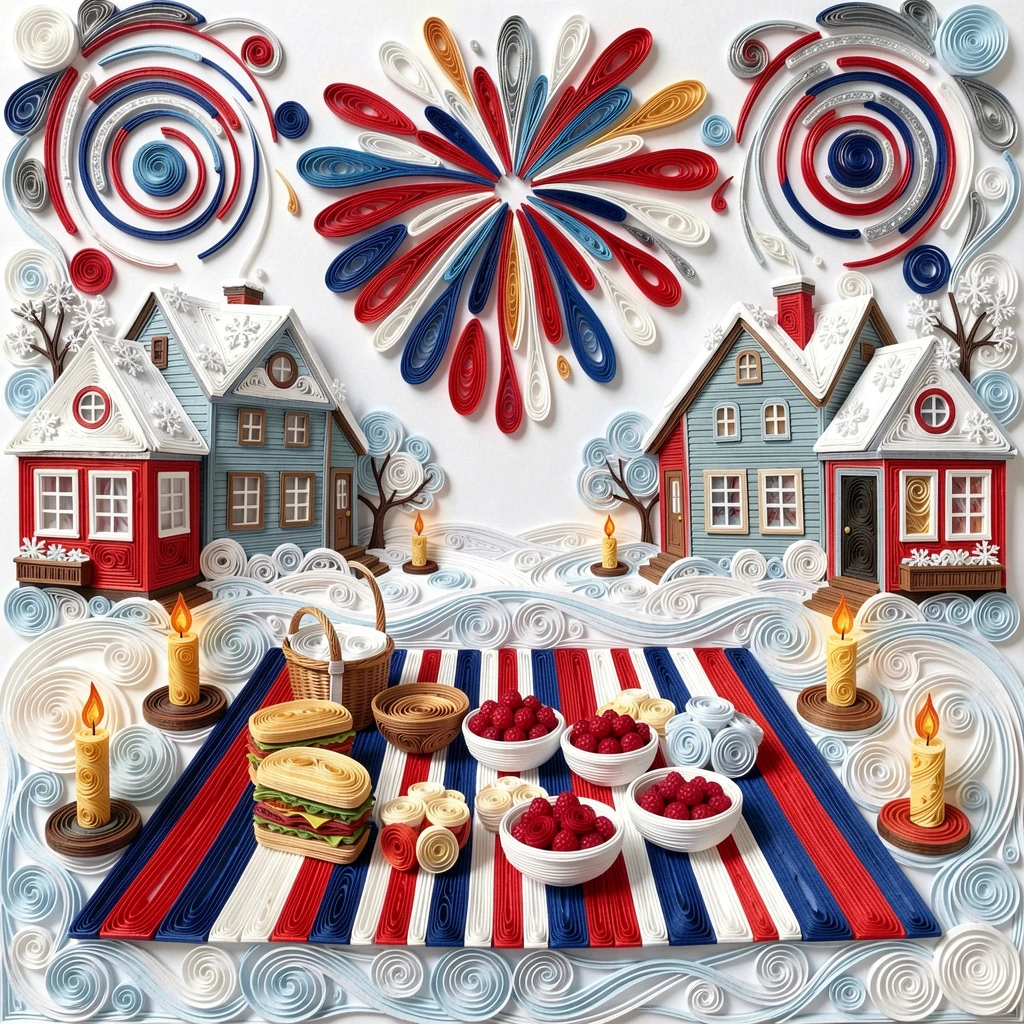 a Fourth of July picnic with a striped blanket and fireworks, in a snow-covered village square, arranged symmetrically for a balanced festive feel, with soft candlelight flickering throughout the scene.