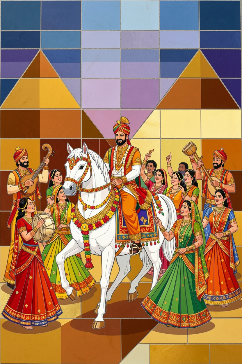 A traditional Indian wedding procession with vibrant colors and music.