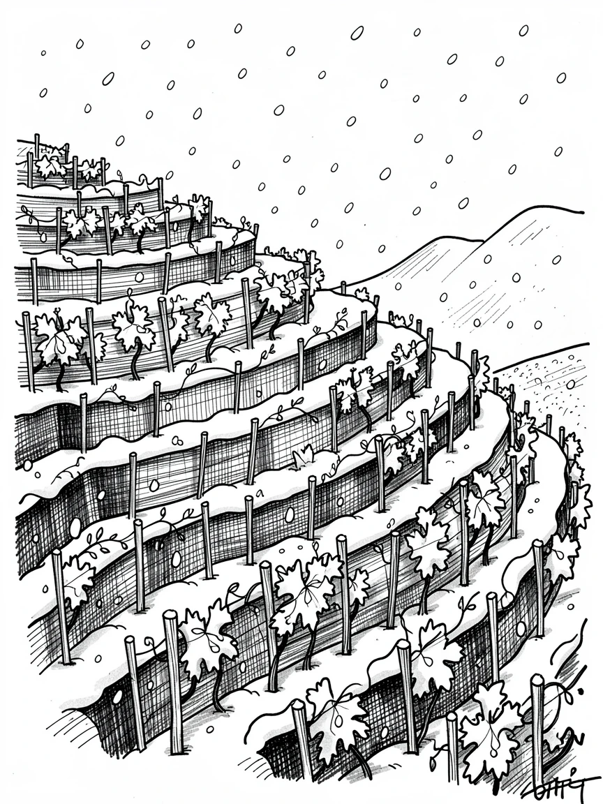 A hillside covered in terraced vineyards during a gentle snowfall.