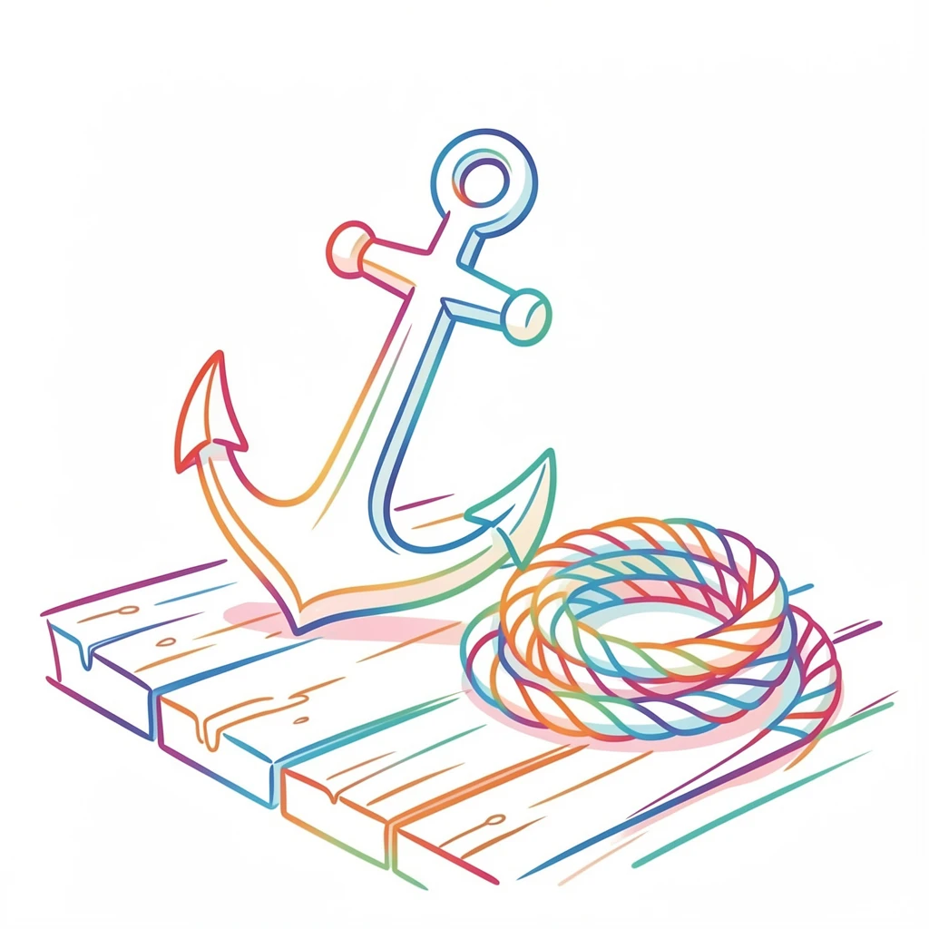An anchor resting on weathered dock planks beside coiled rope.