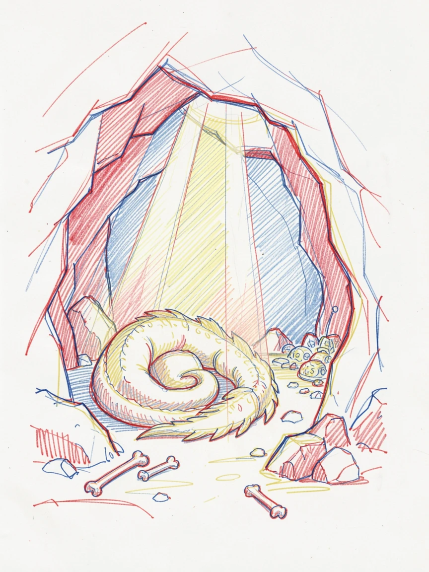 A dragon's lair illuminated by shafts of light through a cave ceiling
