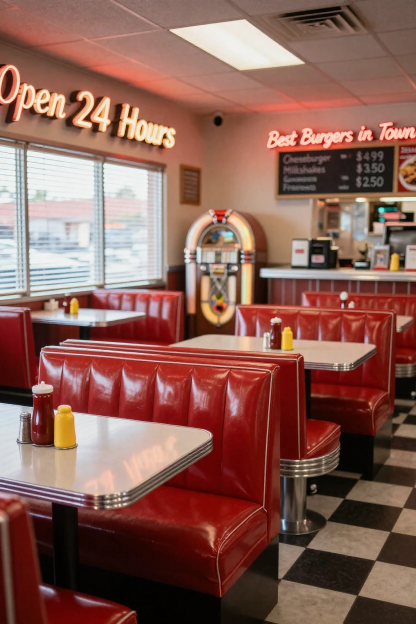 A classic American diner with red vinyl booths