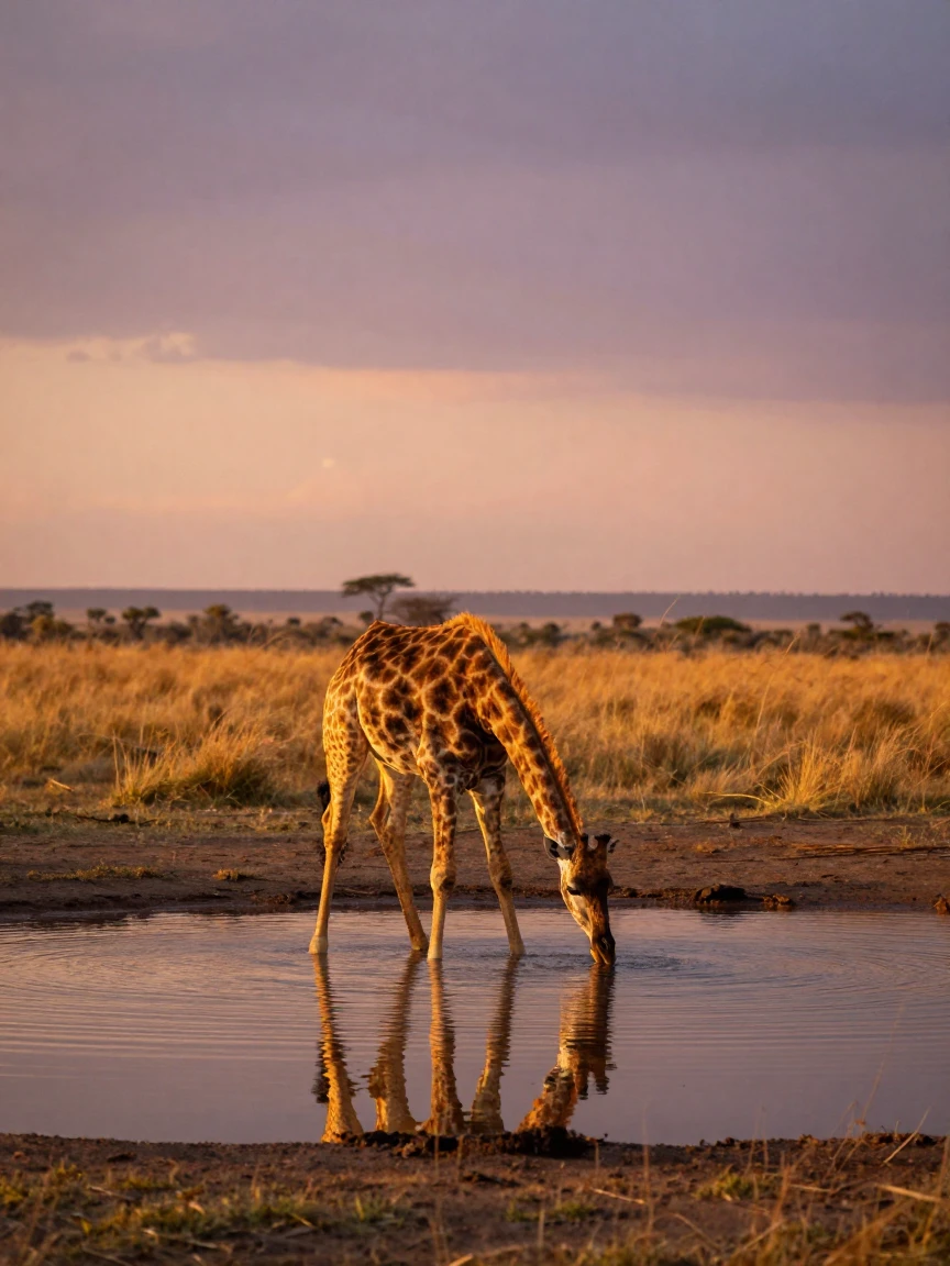 A giraffe bends its long neck down to drink from a watering hole at sunset.