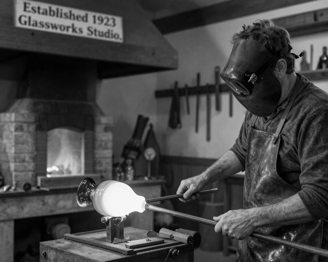 A glassblower shapes molten glass into a vase at a traditional glass studio.