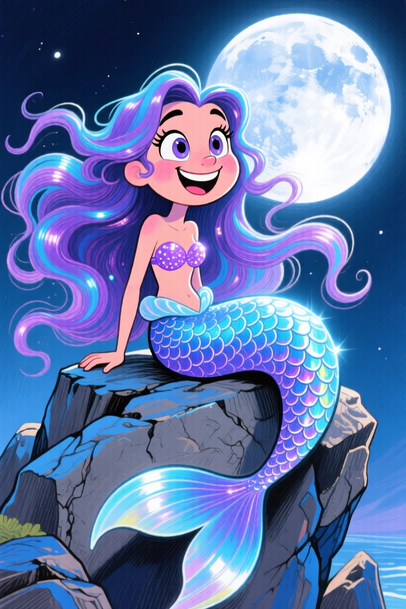 A mermaid combing her long flowing hair atop a rock, tail glistening under moonlight.