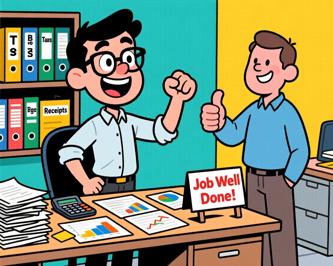 A vibrant profession-themed portrait of a diligent accountant celebrating after finishing a difficult job, with a satisfied customer nearby.