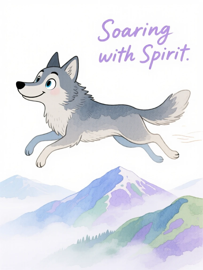 A talking wolf companion soaring above a misty mountain range