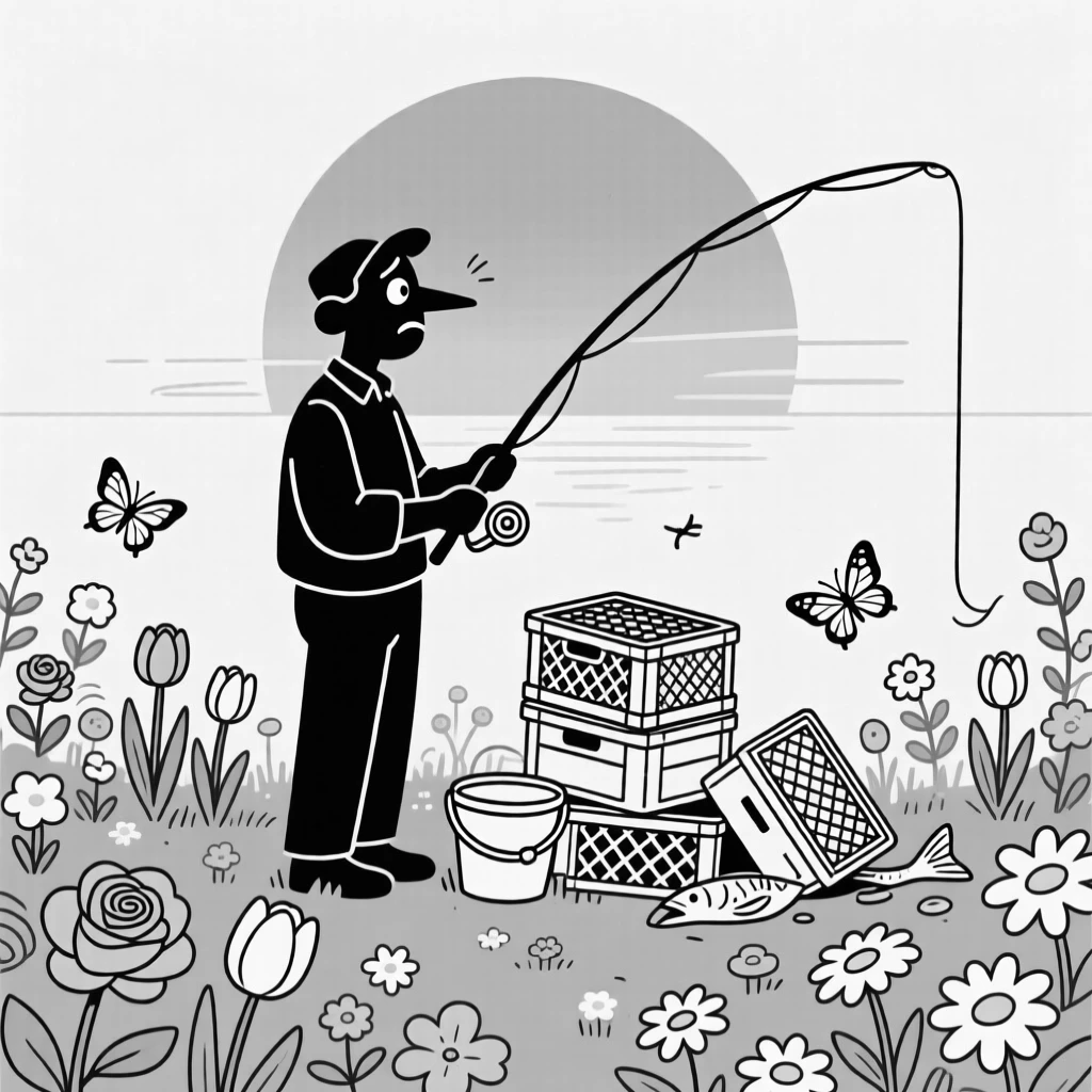 A fisherman silhouetted against a blazing sunset, watching helplessly as the stack tips over, set in a garden bursting with blooming flowers. Butterflies drift lazily between the blossoms. There's a fresh, playful energy woven through the moment.