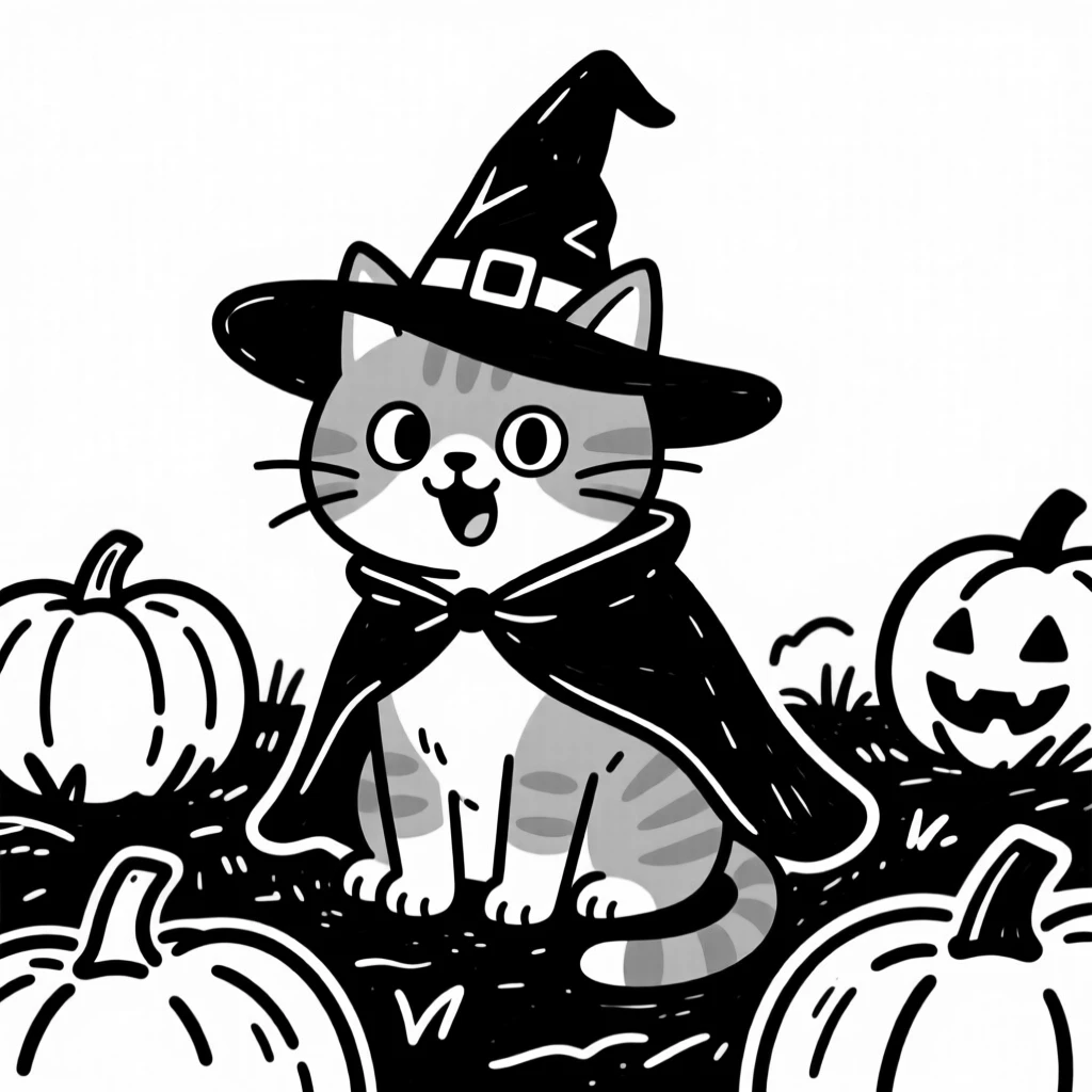 A orange tabby kitten dressed as a tiny witch or wizard for Halloween, sitting in a pumpkin patch.