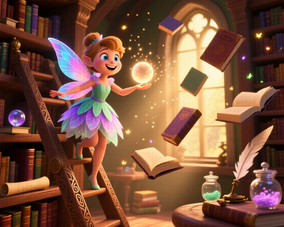 A curious fairy stands in a hidden library filled with floating books, casting a gentle spell of light. A magical, wondrous stillness fills the scene, with tiny sparkles drifting through the air.