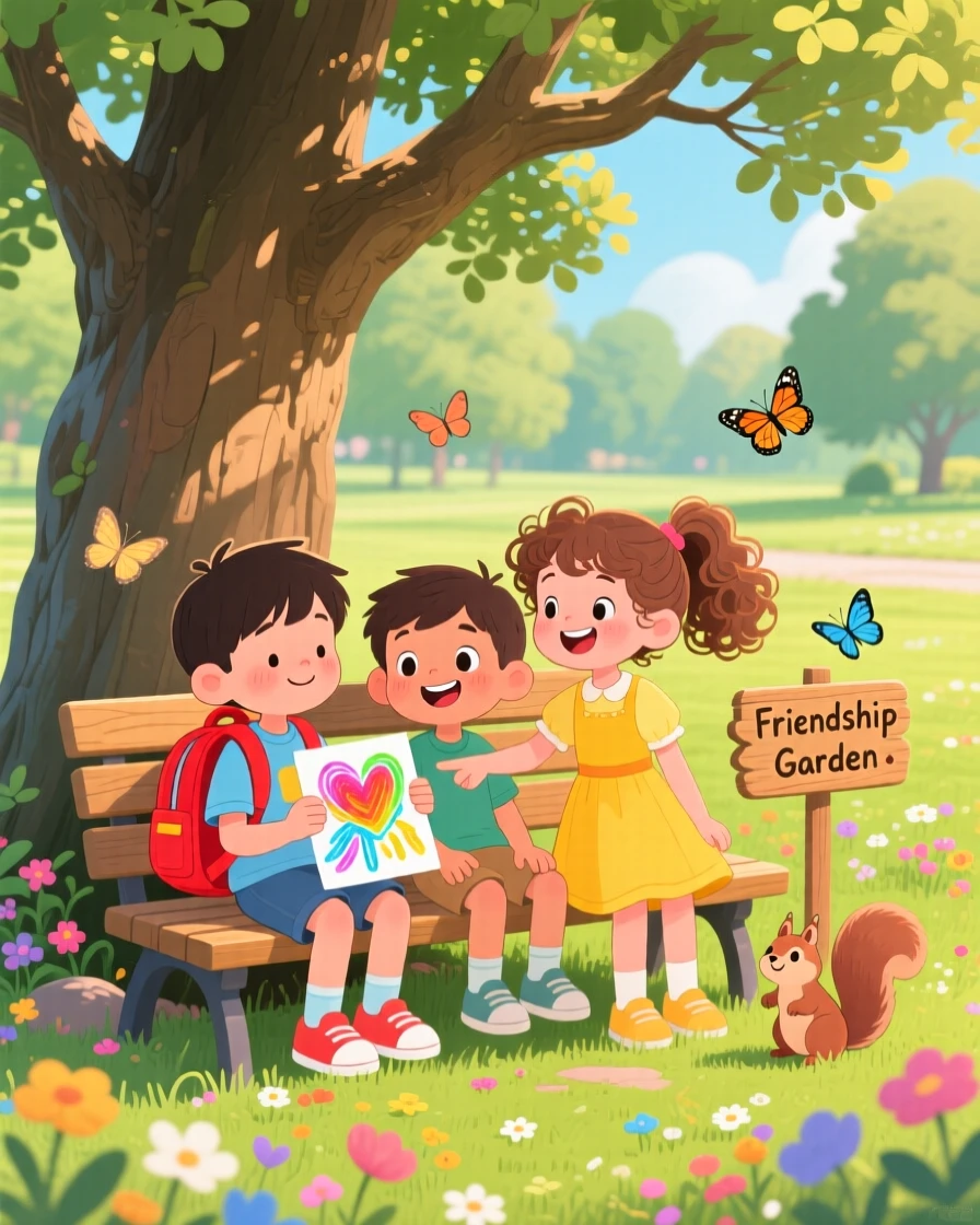 A lonely new student and a welcoming classmate are seen cheering up a friend with a surprise drawing in a park bench under an old oak tree, as warm smiles are exchanged.