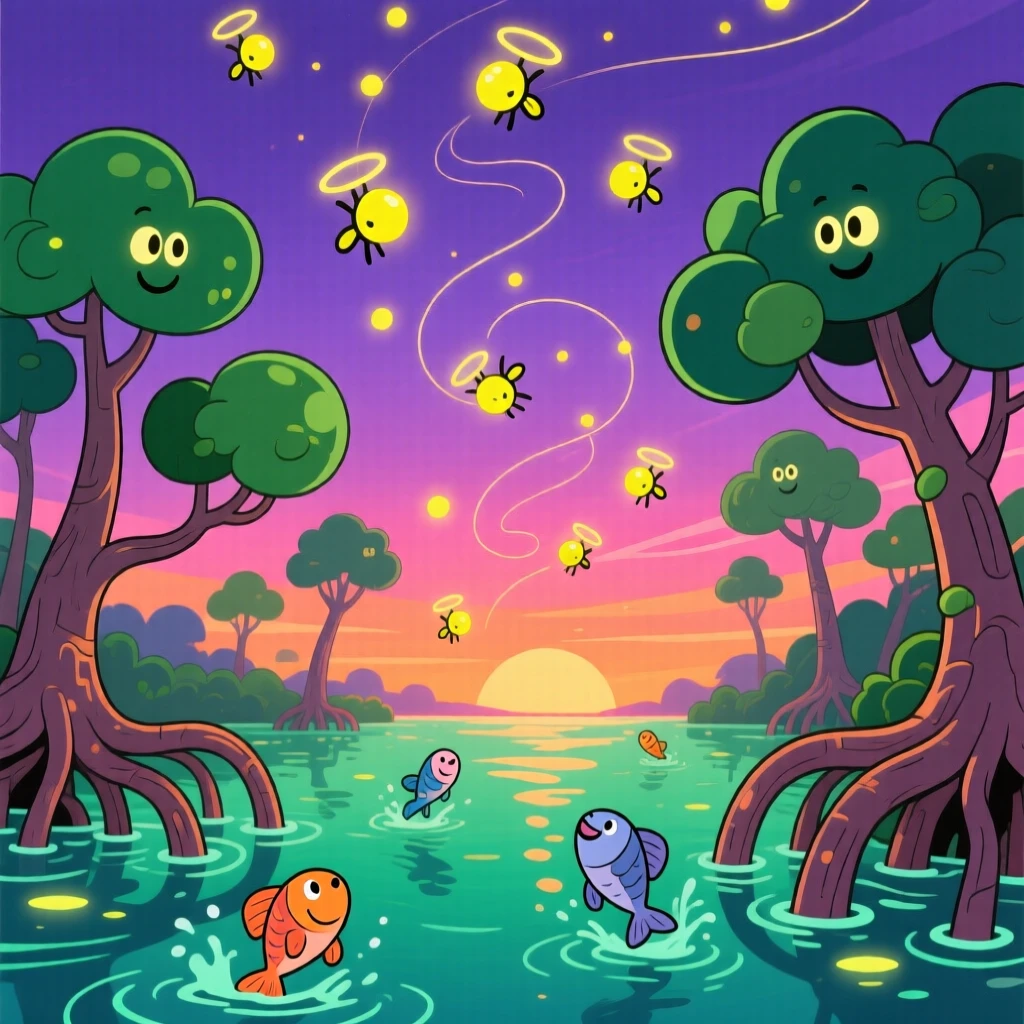 Fireflies glowing above a mangrove river at twilight.