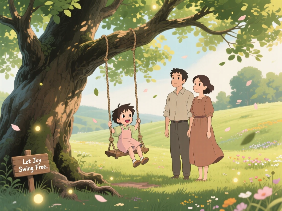Parents pushing their child on a rope swing beneath an old tree, the scene tender and warm.