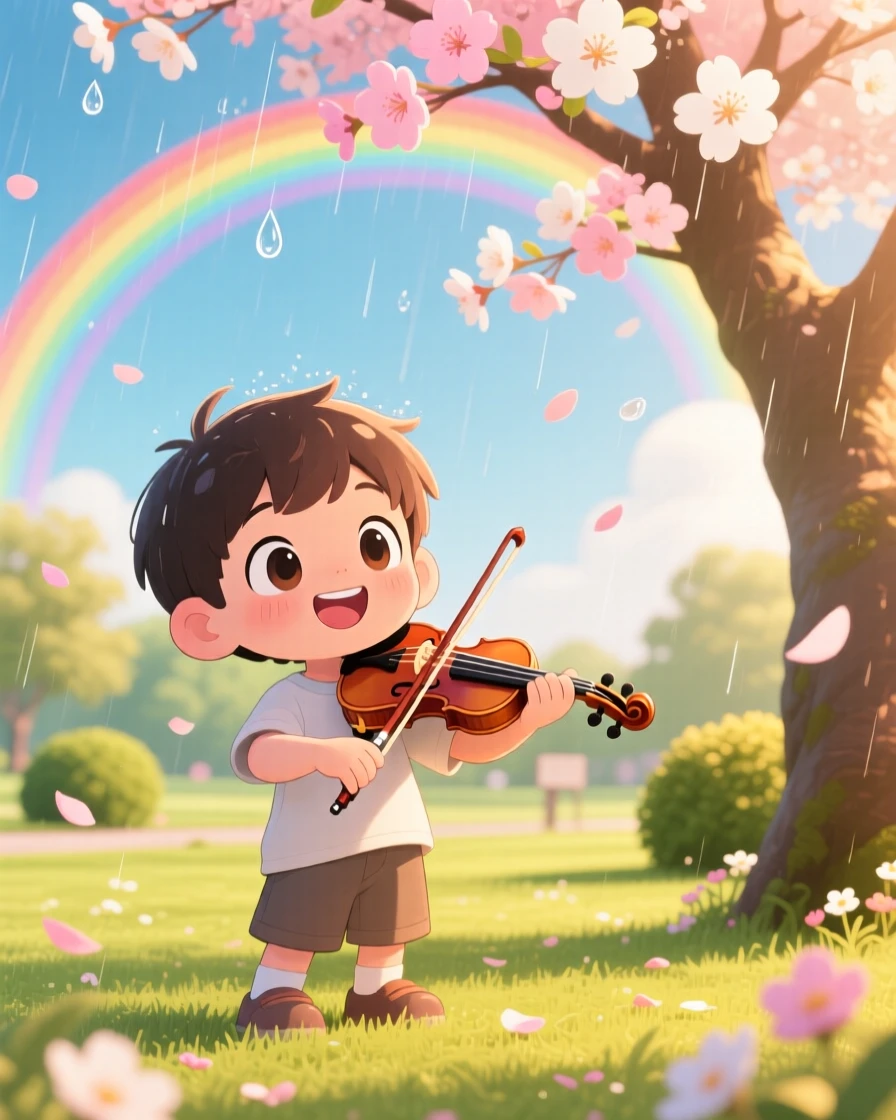 In a peaceful park, a small boy is playing violin under a blossoming tree under a rainbow after the rain, bathed in soft golden-hour sunlight, expression full of delighted joy. Shot as a three-quarter view.