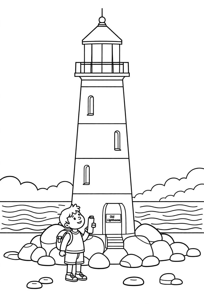 A child exploring an old lighthouse on a rocky coastline
