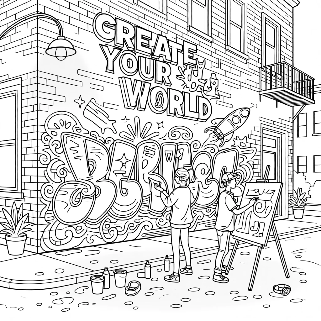 A graffiti mural covering the side of an urban building, with warm light spilling across the workspace.