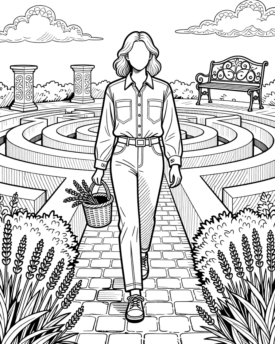 A person walking a labyrinth path bordered by lavender bushes.