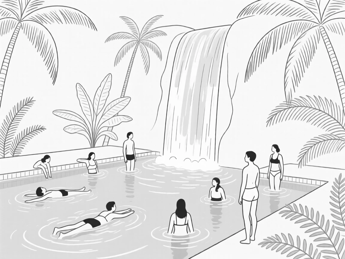 A tropical waterfall pool where visitors are swimming